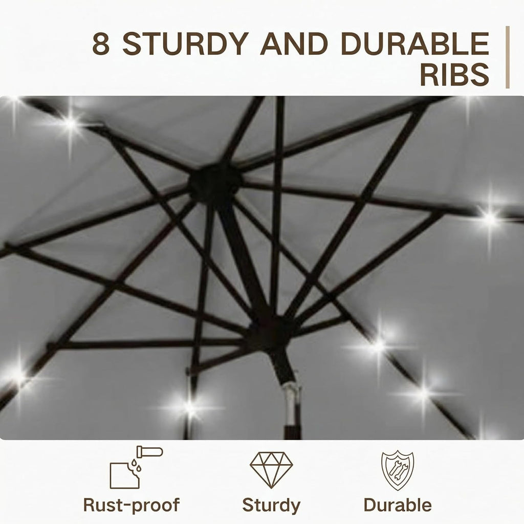 10FT Outdoor Patio Umbrella with Solar Lights, Market Table Umbrella with Push Button Tilt & Crank, 8 Sturdy Ribs
