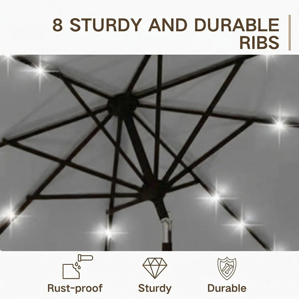 9FT Outdoor Patio Umbrella with Solar Lights, Market Table Umbrella with Push Button Tilt & Crank, 8 Sturdy Ribs