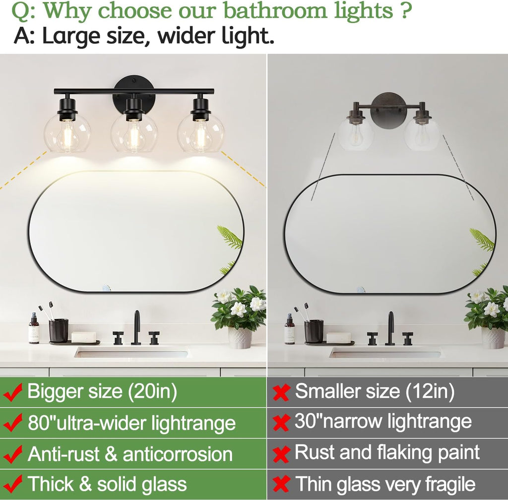 3-Light Bathroom Light Fixtures, Black Bathroom Lights Over Mirror with Clear Glass Globe Shade, Vanity Lights