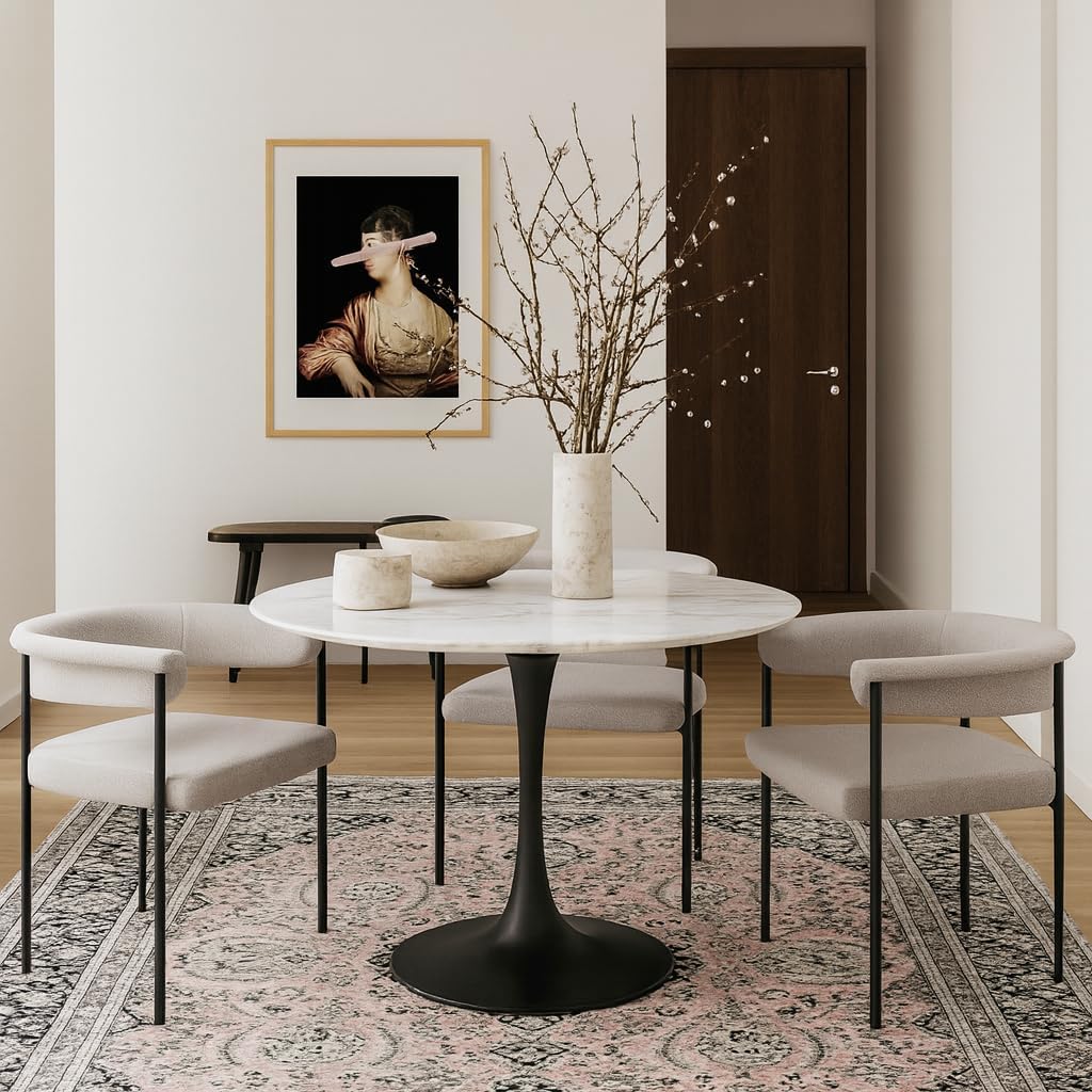 973-T Holly Collection Modern | Contemporary Round Dining Table with Faux Marble Table Top and Rich Matte Black Base