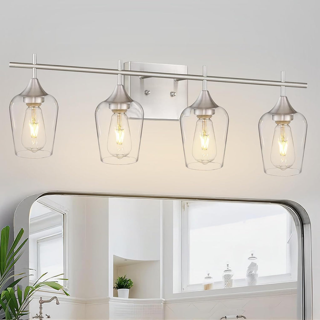 4-Light Bathroom Lighting Fixtures Over Mirror, 24 Inch Brushed Nickel Vanity Lights with Clear Glass, Modern Bath