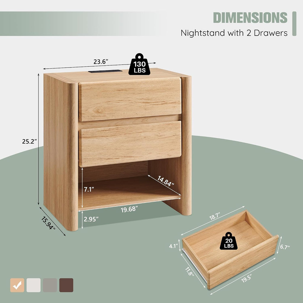 25" Tall Modern Nightstand with Charging Station, 23.6" W Night Stand with 2 Storage Drawers & Open Shelf, Wood