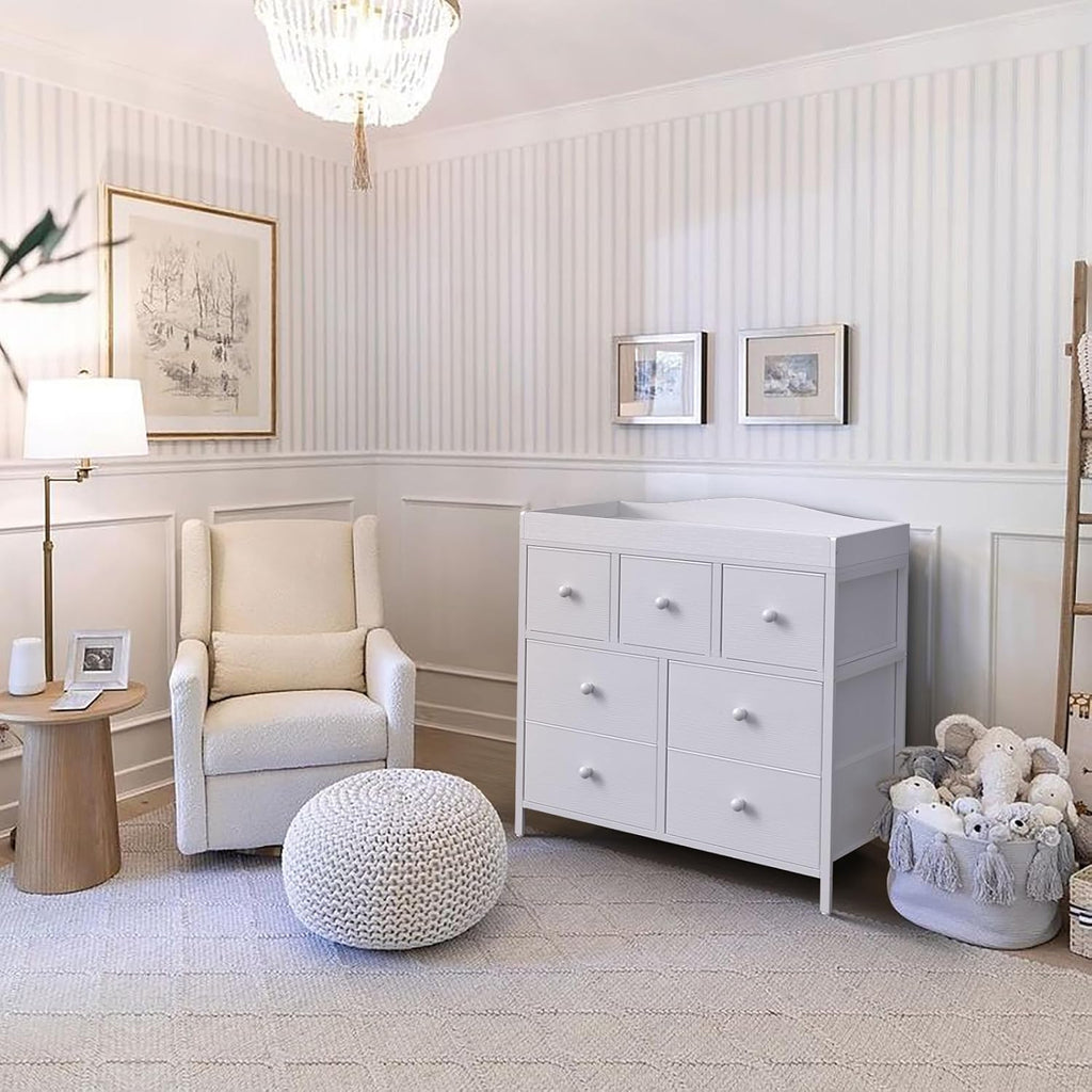 Changing Table Dresser with Storage, Baby Dresser with Changing Table Top Diaper Changing Station with 7 Fabric