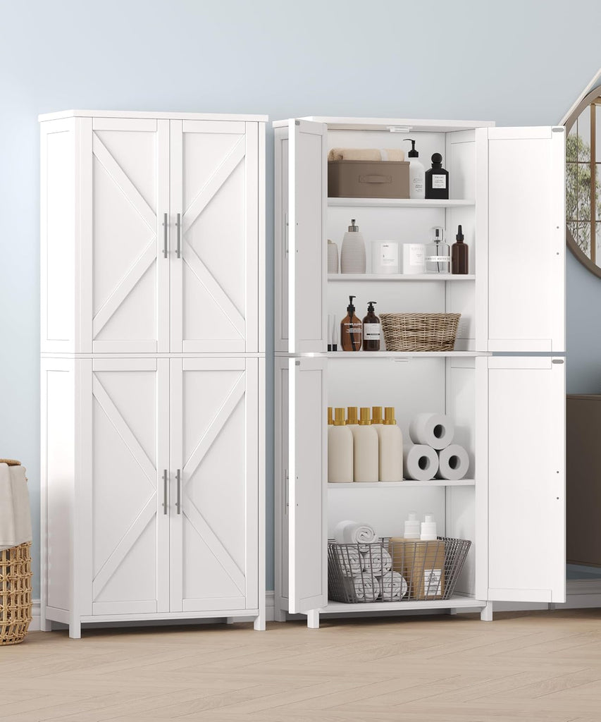 63''H Tall Bathroom Storage Cabinet Adjustable Shelf White | Floor Cabinet with Barn Doors, Adjustable Shelf, Linen