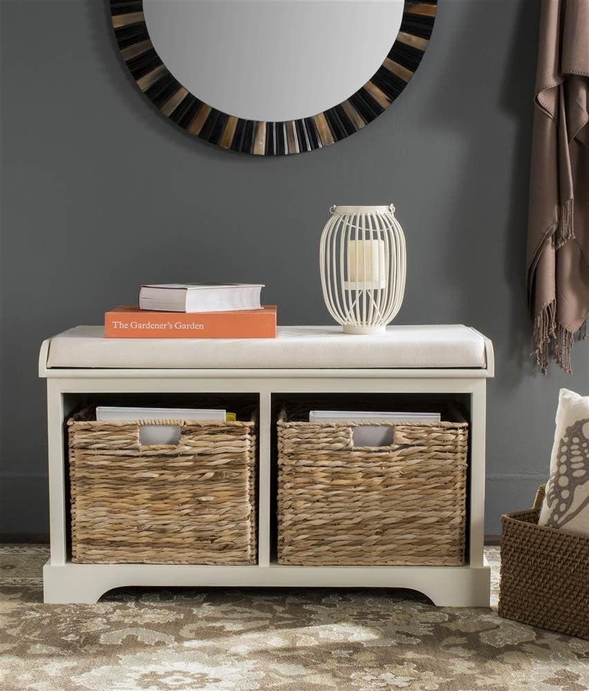 Furniture - Freddy 2-Basket Storage Bench - Vintage White - Solid Wood - Coastal Basket Storage Design - Ideal , 18"