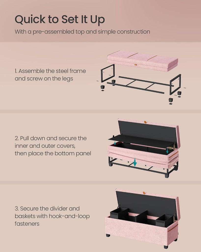 Storage Ottoman Bench, Storage Chest, 15.7 x 43.3 x 15.7 Inches, End of Bed Bench, 27 Gal. (103 L), Jelly Pink