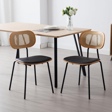 Modern Dining Chairs Set of 2, Upholstered Faux Leather Rattan Dining Chairs with Backrests