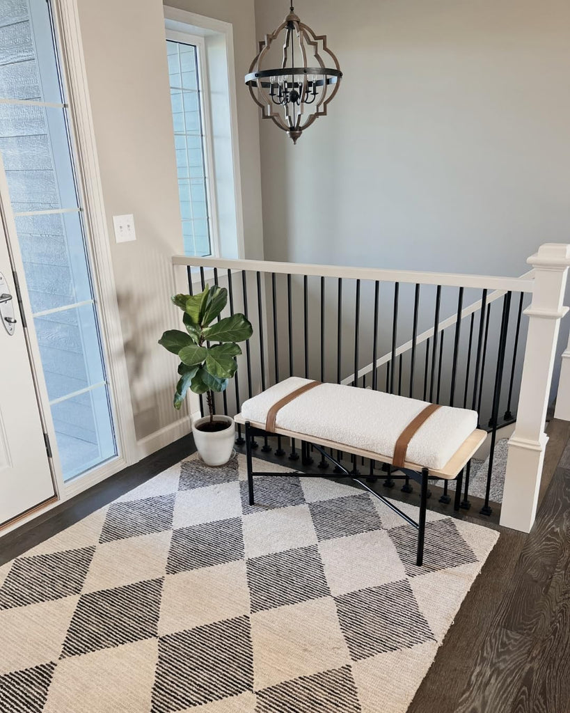Thatcher Upholstered Entryway Bench with Removable Boucle Cushion, Vegan Leather Straps, and Matte Black Metal Legs