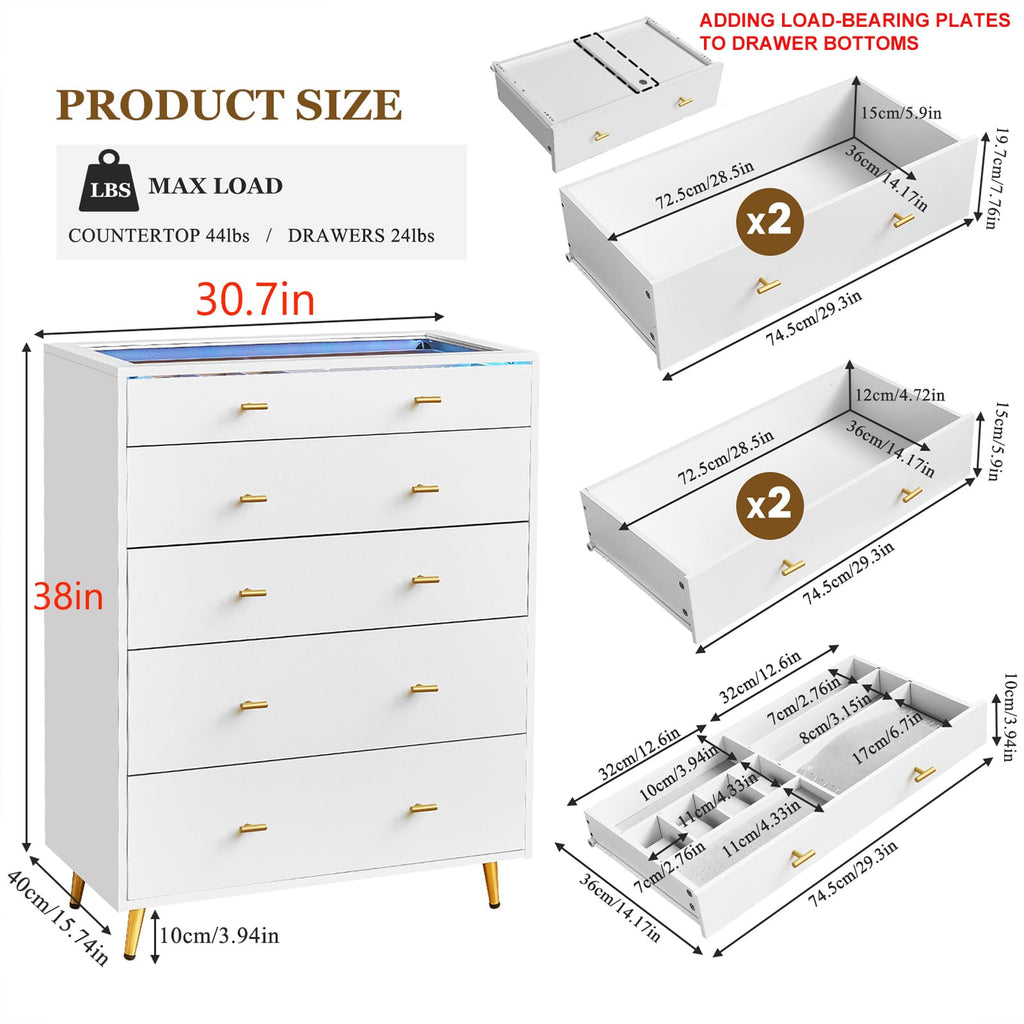 Closet Island with Drawers, Glass Top, LED Lights, White