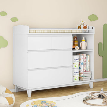 Baby Changing Table with 4 Drawers & 2 Open Shelves, Multi-Functional Nursery Changing Station with Storage, Pearl