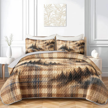 Misty Woodland Pine 3-Piece Quilt Set with 2 Pillow Shams, Beige Check Soft Lightweight Microfiber Bedding for