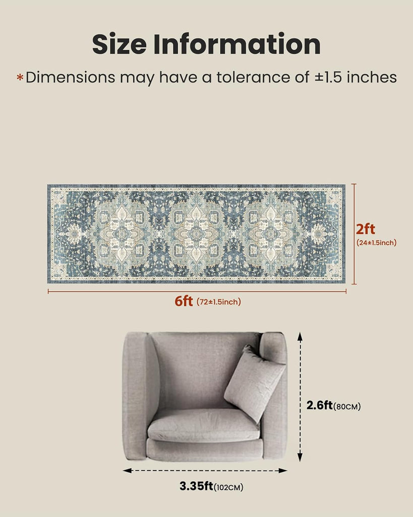 2x6 Washable Runner Rug, Low-Profile Kitchen Rugs with Non-Slip Backing & Durable Edge Binding, Vintage Entryway