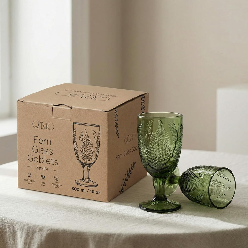 Green Glass Goblets Set of 4, 10 oz Hand-Pressed Vintage Glassware, Textured Fern Embossed Drinking Glasses, Boho