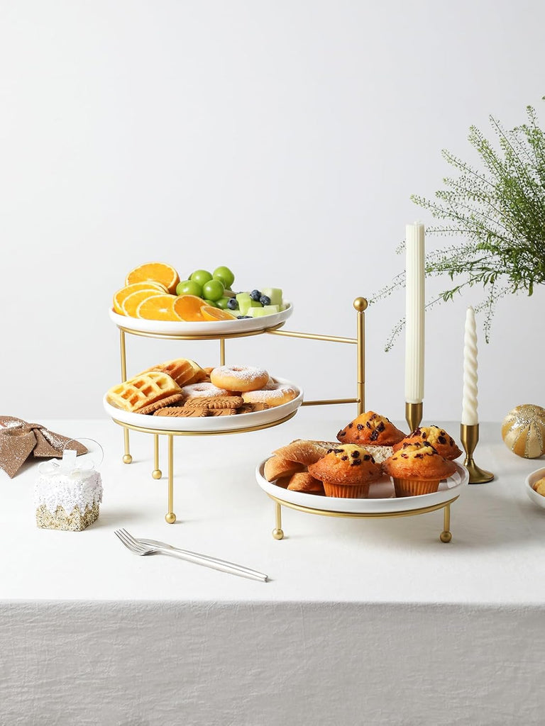 3 Tiered Serving Stand with White Porcelain Plates, 10" Round Tray, dessert table display set, Gold Metal Stand