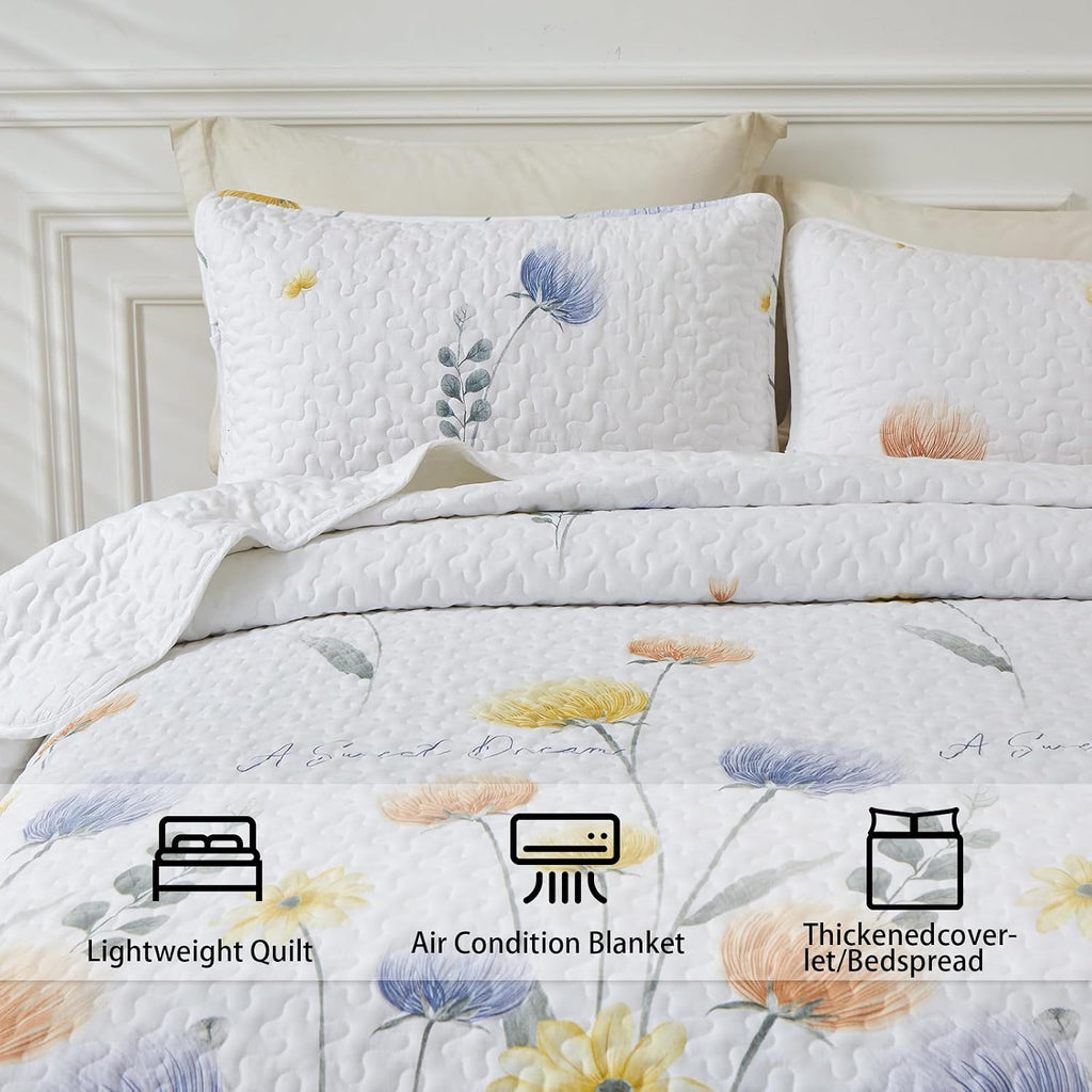 Floral Quilt Set 3 Pieces Blue & Yellow Quilts Bedding Set Bohemian Bedspread Bed Cover Lightweight Spring
