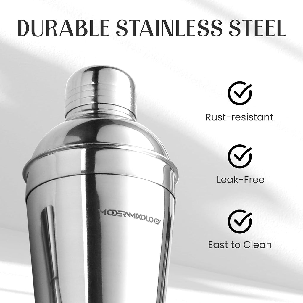 Cocktail Shaker Set - Bartender Kit with Pine Stand | Leak-Proof Design | Includes Martini Shaker, Jigger, Strainer