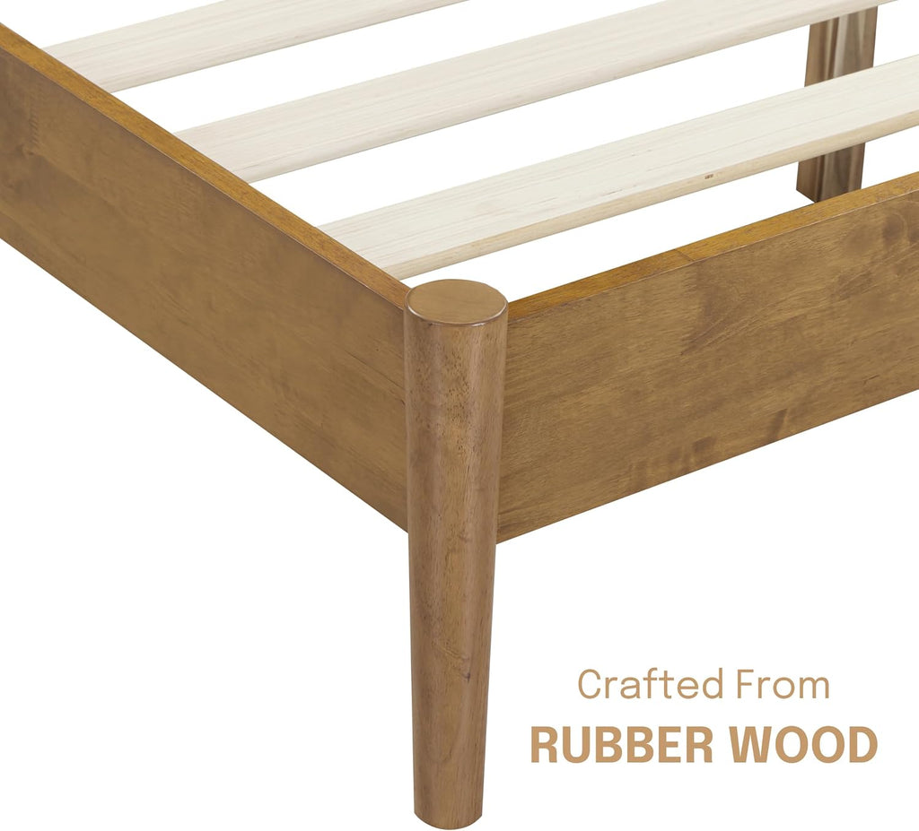 Inno Wooden Bed Frame with Headboard, Solid Oak and Rubber Wood Foundation with Silent Slats and Wood Central