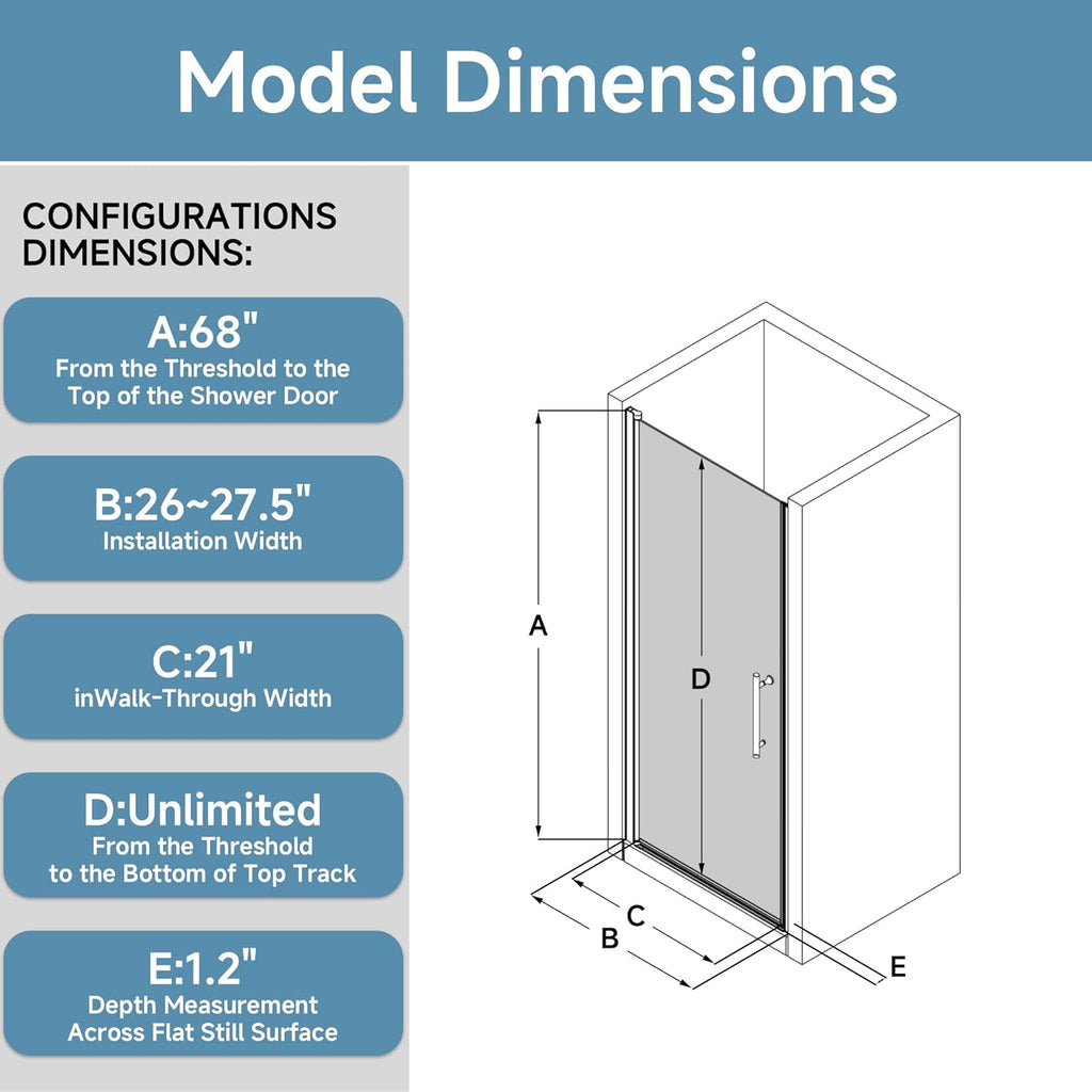 26-27.5" W x 68" H Frameless Pivot Shower Door, 1/4" (6mm) Clear SGCC Tempered Glass Bathroom Shower Door