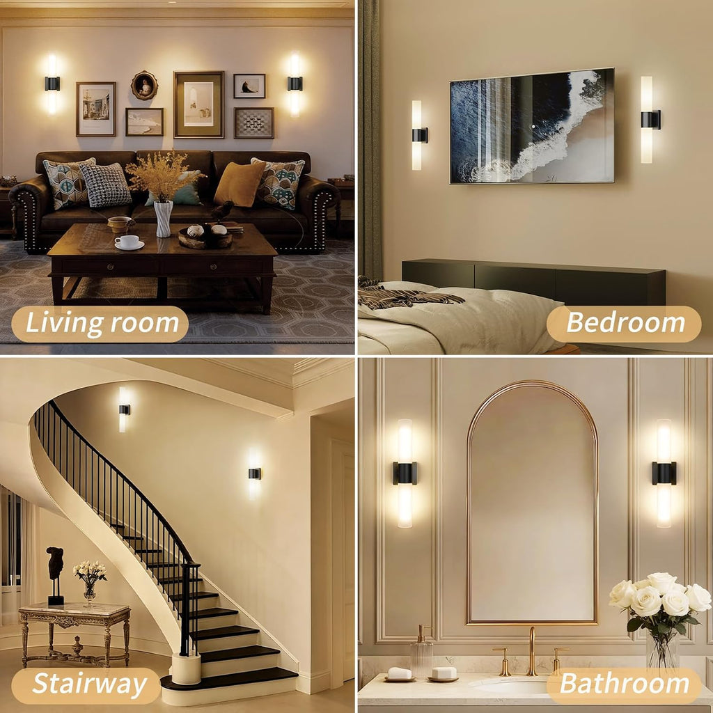 Wall Sconces Set of Two, Modern 21" Vanity, Frosted Glass, Black | Indoor Wall Light Fixture. , Mirror, Bedroom