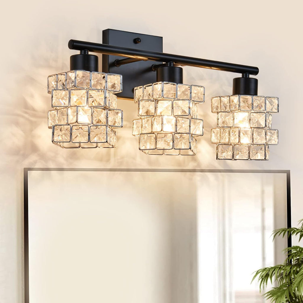 3 Lights Bathroom Vanity Light, Crystal Bathroom Light Fixture Over Mirror, Matte Black & Crystal Rotateable Indoor