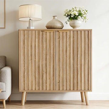Fluted Storage Cabinet, Sideboard Buffet with Doors and Shelf, Wooden Console Table & Credenza