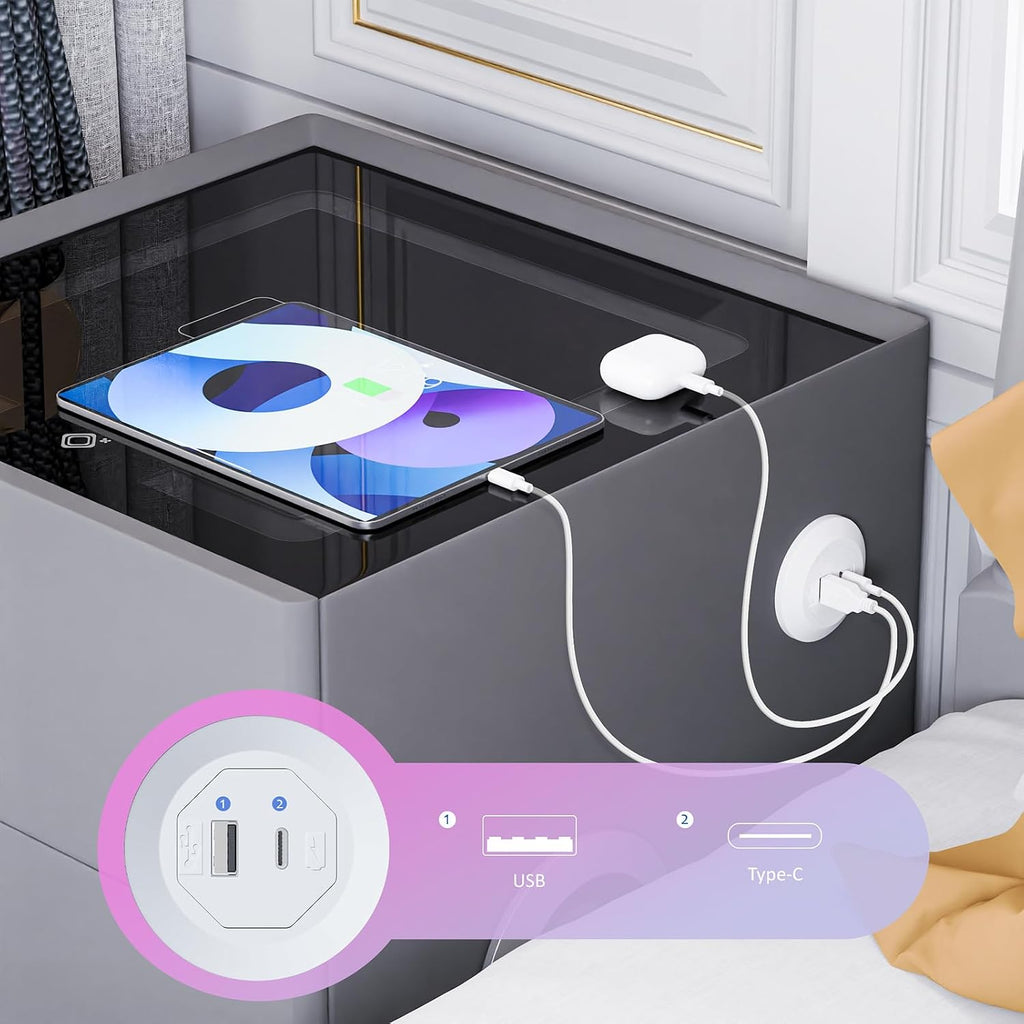 Smart Nightstand with Drawers and Safe,Nightstand with Wireless Charging, Modern Bedside Table with Strongbox, USB