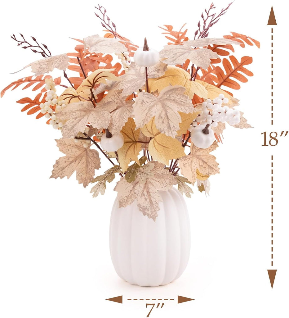 Fall Decor - Ceramic Pumpkin Vase with Autumn Maple Leaf Pumpkin Berry Stems - Table Centerpieces Thanksgiving - Set of 15