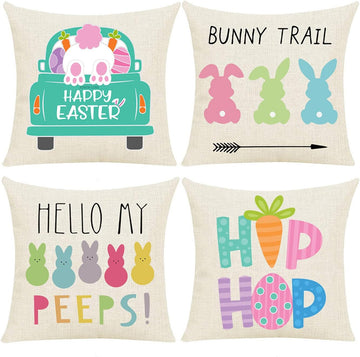 Easter Pillow Covers 18x18 Inch Set of Easter Decorations Bunny Truck Hello Peeps Hip Hop Spring Farmhouse Throw - Set of 4