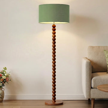 60.6 Inch Beaded Walnut Wood Floor Lamp with Linen Shade, Green
