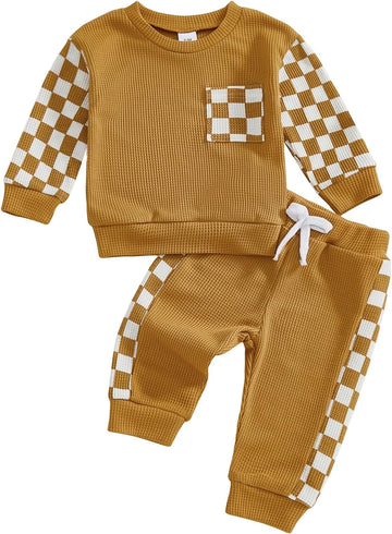 Baby Boy Fall Clothes Toddler Infant Plaid Patchwork Outfit Long Sleeve Round Neck Tops and Casual Pants Set