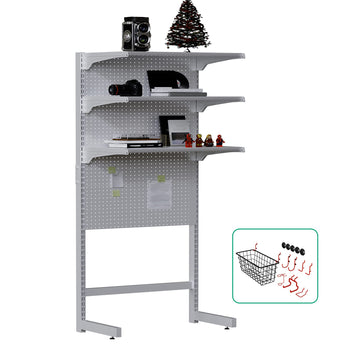 DDB Standing Pegboard Shelf Unit, 30'' White Home Office shlef cabinets with Metal Pegboard and 15 Pieces Organizer