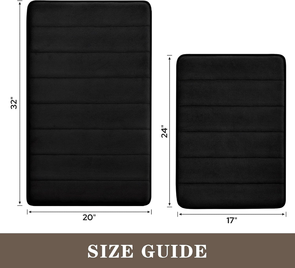 Bathroom Rugs Sets 2 Piece, Memory Foam Non Slip Extra Soft Absorbent Machine Washable Toilet Bath Mats (Black