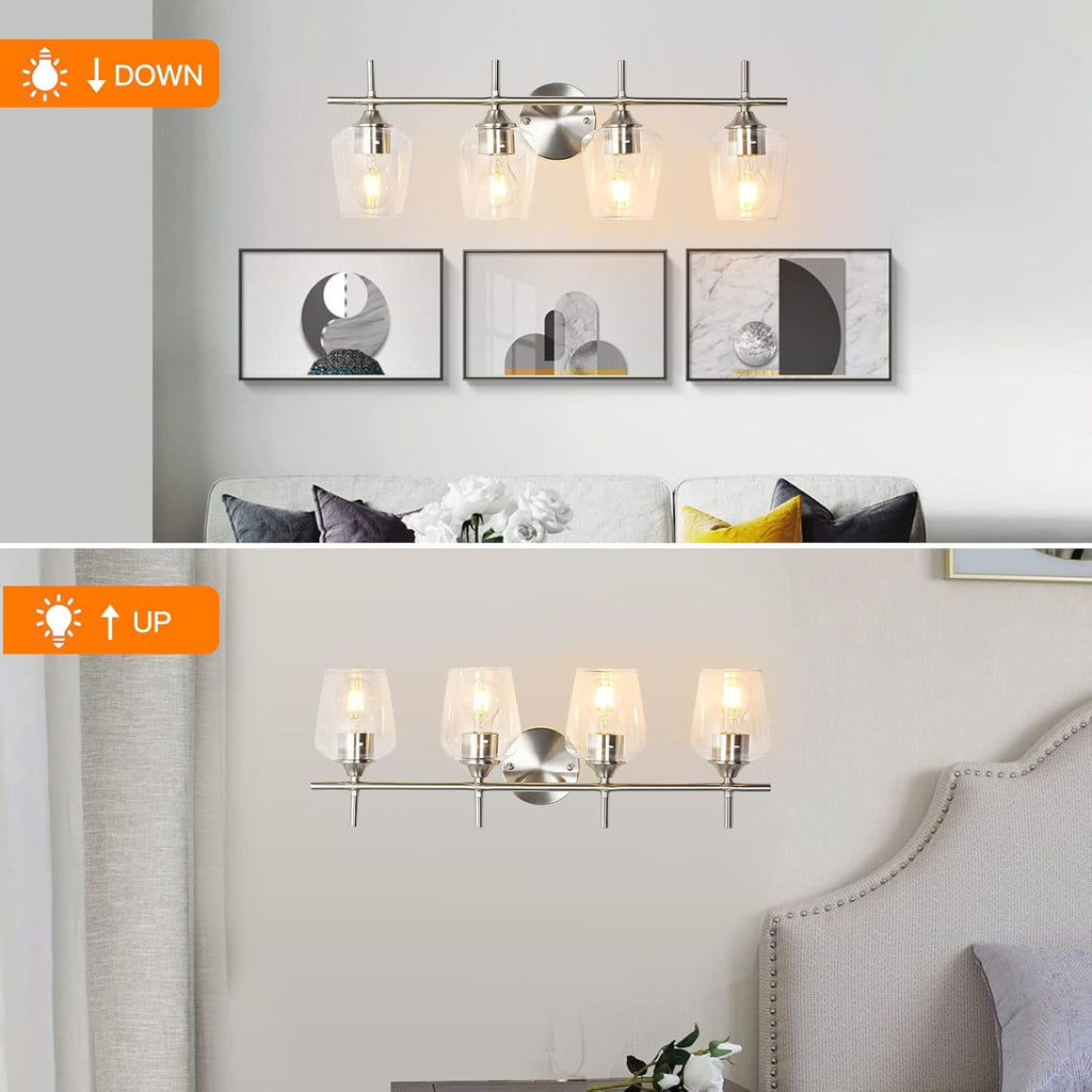 Bathroom Light Fixtures 4-Light Brushed Nickel Vanity Light | Win Glass Clear Shade, Modern Wall Lights Bedroom