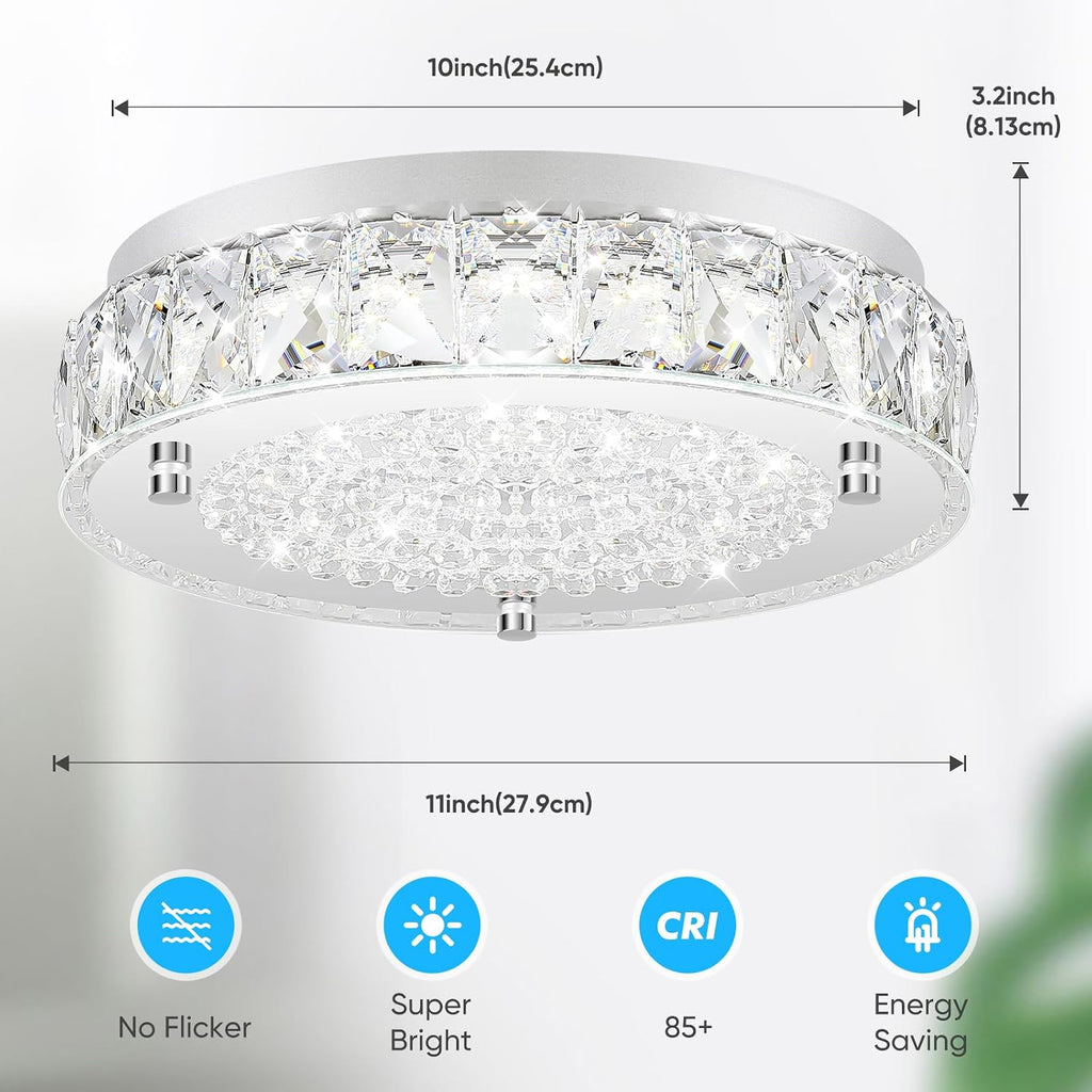 Crystal Chandeliers Flush Mount LED Ceiling Light Fixture, 5000K Daylight White Super Bright 1980LM 11-Inch Dimmable
