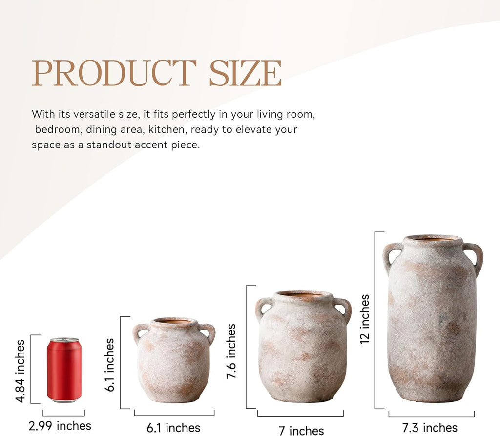 Ceramic Flower Vase Home Decor - 7.6 Inch Farmhouse Rustic Table Vases with Handle Living Room Decoration Decorative