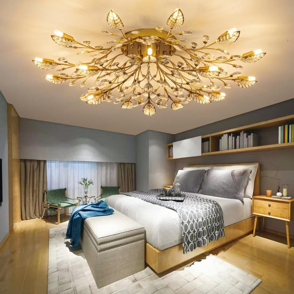 Modern Crystal Ceiling Light Fixture,Gold Semi Flush Mount Chandeliers,Crystal Leaf Ceiling Lighting,Pendent Lamp