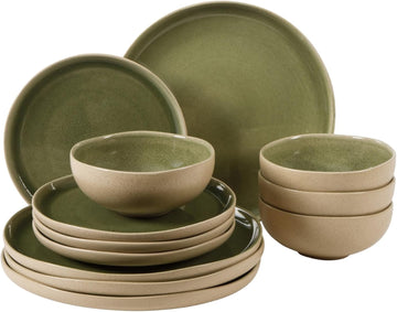 Manila Bay 12-Piece Stoneware Dinnerware Set, Service for 4, Reactive Glaze Modern Artisan Plates, Bowls & Mugs, Green