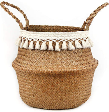Boho Woven Seagrass Belly Basket for Storage Plant Basket or Toy Basket Living Bathroom (Large, Beige)