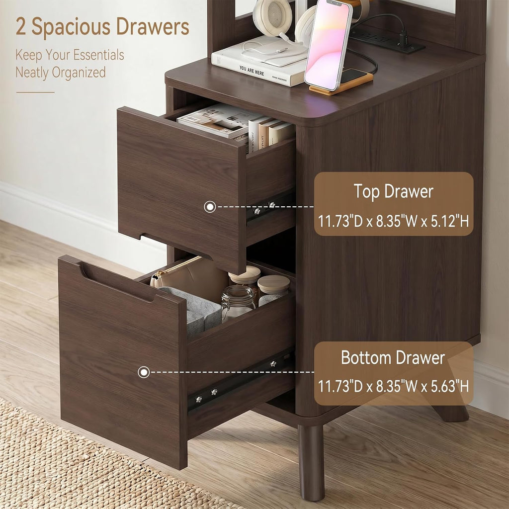 70" Tall Nightstand with Bookshelf, Corner Shelf Stand with Charger Station | Wall Wood Reversible Open Shelf, Modern