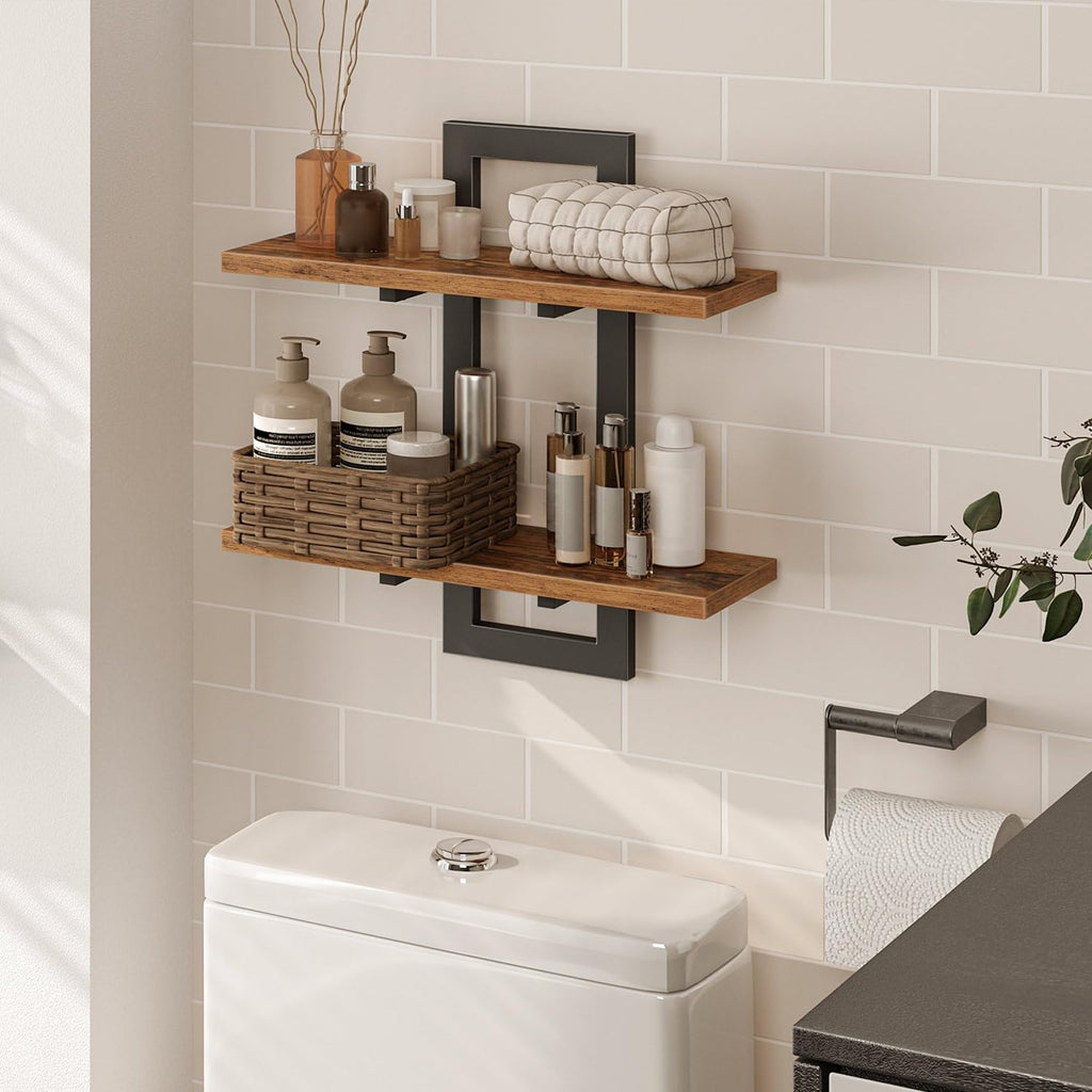 Floating Shelves for Wall, 15" Wall Shelf Set of 2, Wall Mounted Storage Shelves 2-Tier, Hanging Bathroom Shelves