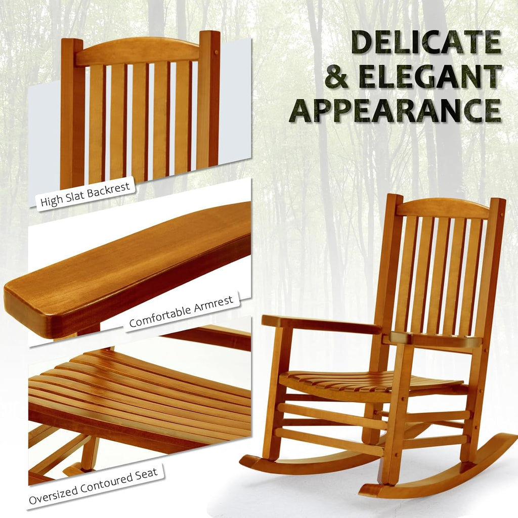 Wooden Oversized Porch Rocker Chair with High Back and Armrest, All Weather Slatted Rocker for Backyard, Garden, 400