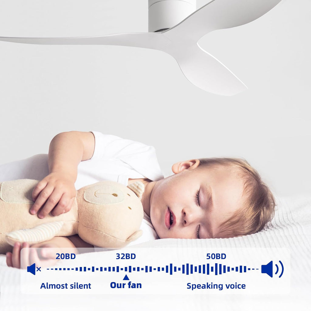 52" Low-Profile Modern Ceiling Fan with Remote – White Curved Blades, 3-Blade, DC Motor, No Light
