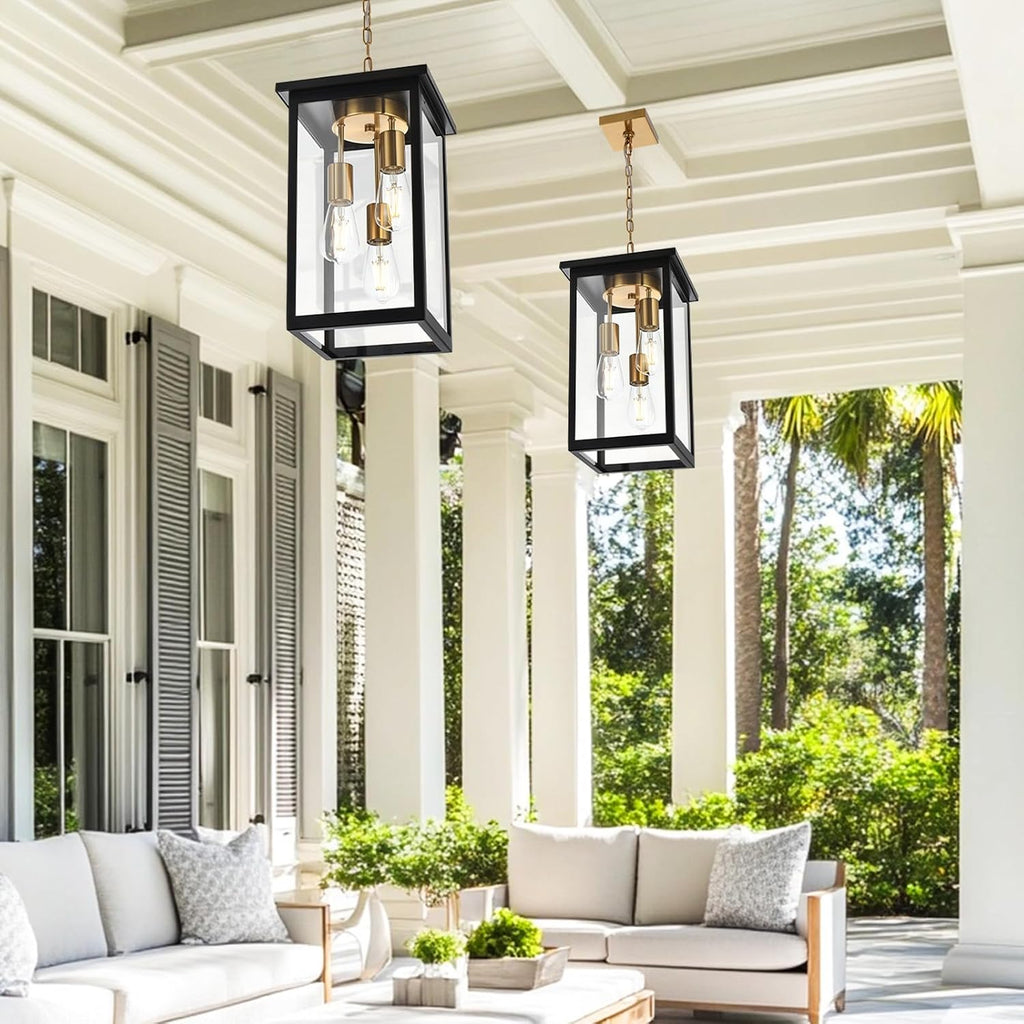 3-Lights Large Outdoor Pendant Light, Modern Black and Brass Exterior Hanging Porch Light with Clear Glass