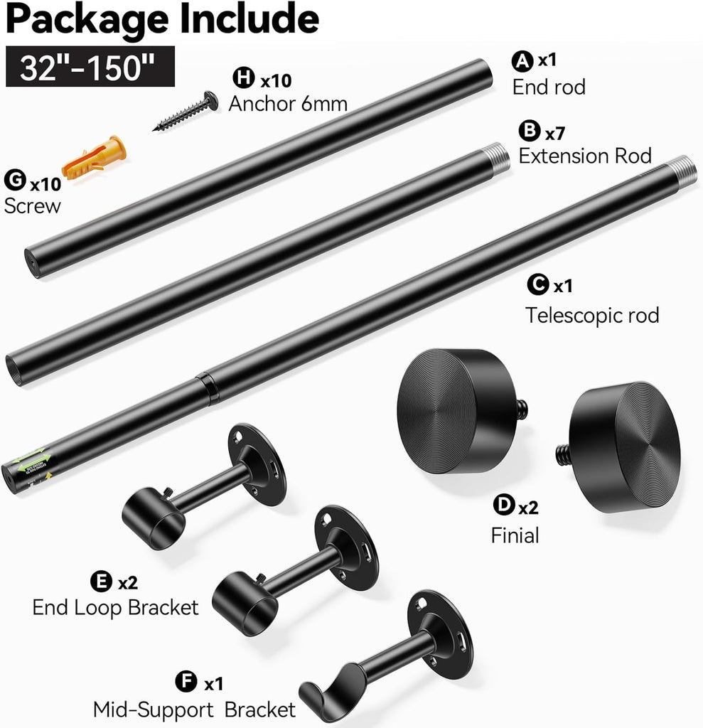 Heavy Duty Curtain Rods 32-150 Inch, 1 Inch Adjustable Black Curtain Rod for Windows, Extra Long Window Treatment