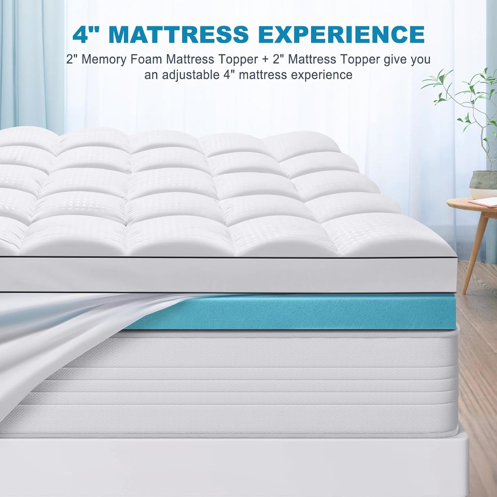 Queen Size Dual Layer 4 Inch Memory Foam Mattress Topper, 2 Inch Cooling Gel Memory Foam and 2 Inch Pillow Top