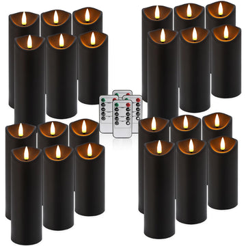 Realistic Flameless LED Candle Black Set of 24, Battery Operated with Remote Control, 3D Flame Pillar Timer Funtion