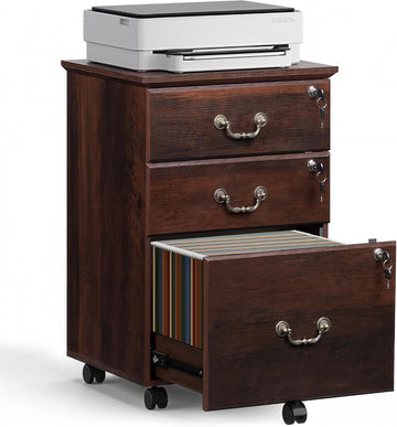 3 Drawer File Cabinet with Lock, Wood Filing Cabinet, Brown Oak | Mobile Wood File Cabinet for Under Desk Storage