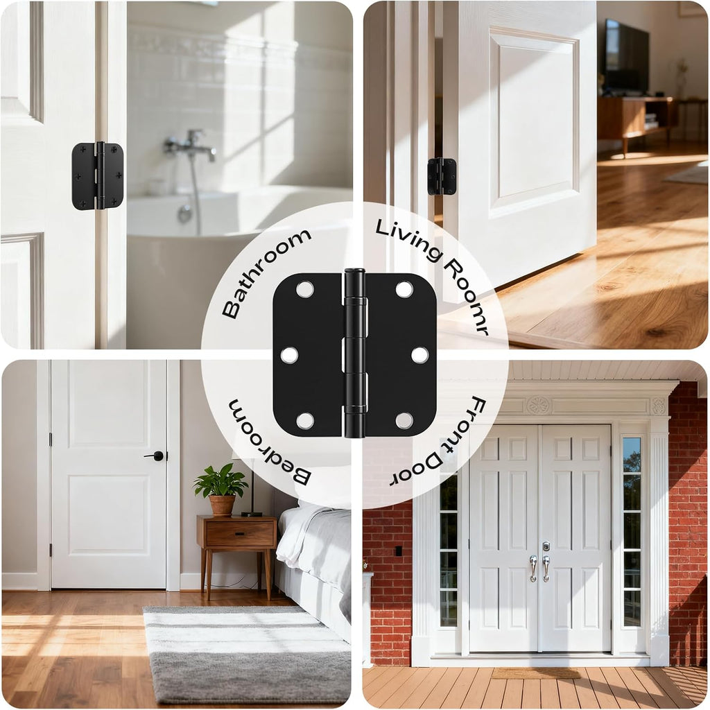 12 Pack Black Door Hinges 3.5 Inch 5/8" Radius Round Ball Bearing Anti-Squeak Flat Iron Hinges Doors Standard 3-1/2"