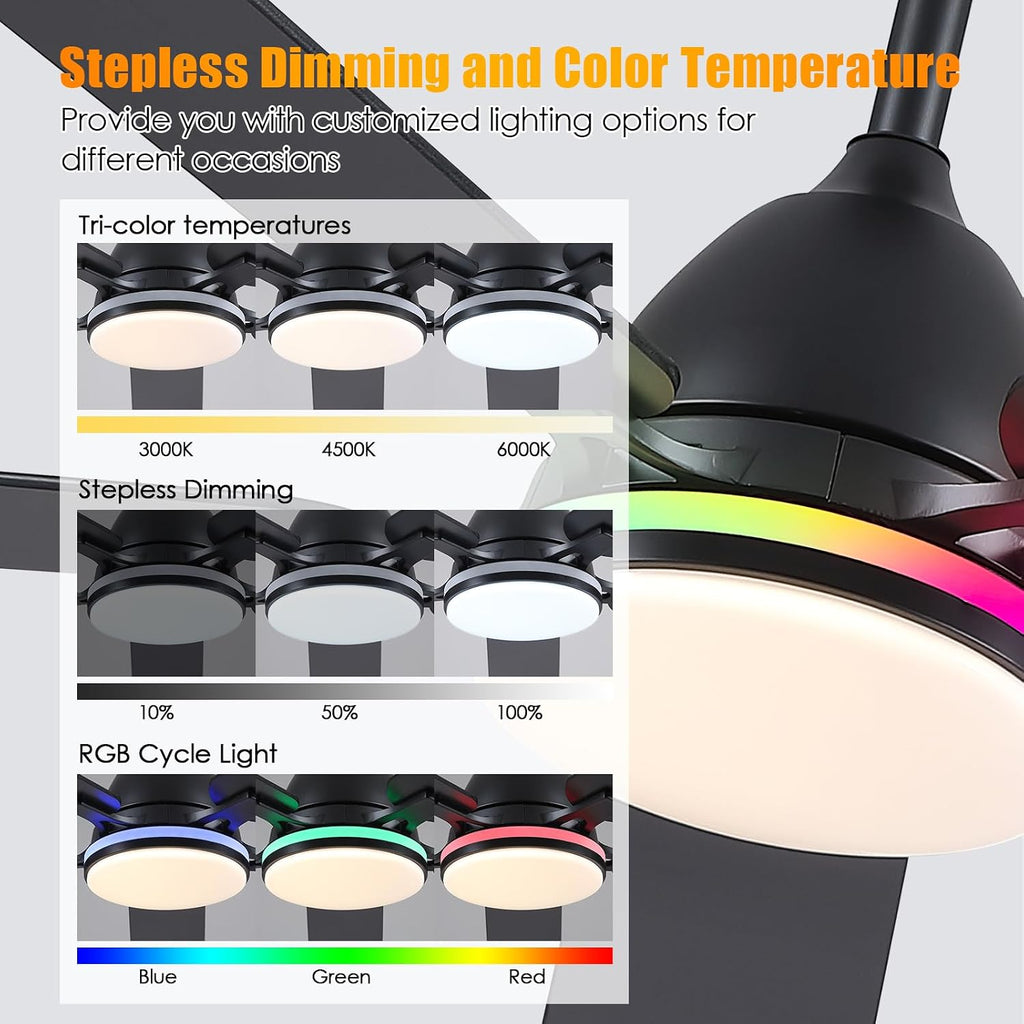 Ceiling Fans with Lights, 52 Inch Low Profile Ceiling Fan with Light and Remote Control,Reversible, RGB_3CCT, Dimmable, Quiet, Black Ceiling Fan for Bedroom Indoor/Outdoor Use