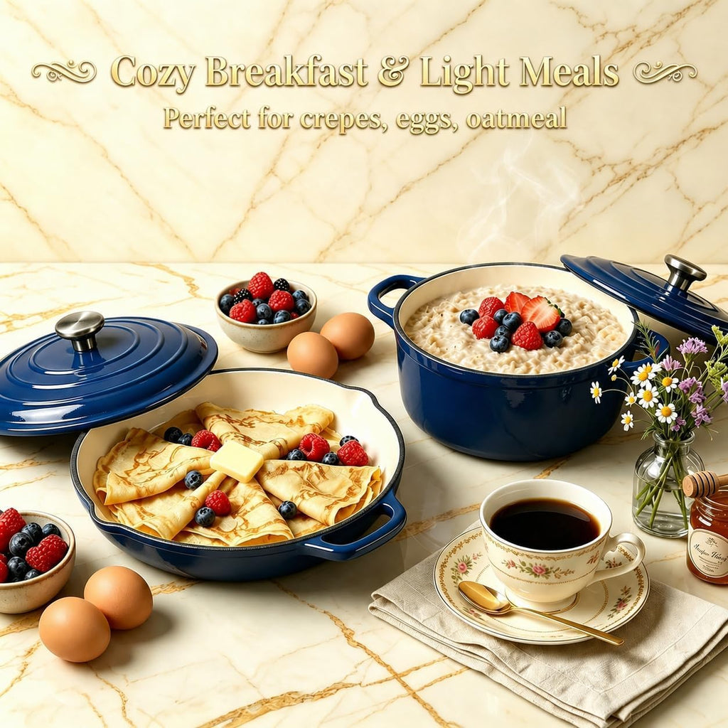 5-Piece Navy Blue Enameled Cast Iron Cookware Set | Includes 8" frying pan, 10" skillet, 2.8QT and 3.5QT Dutch ovens